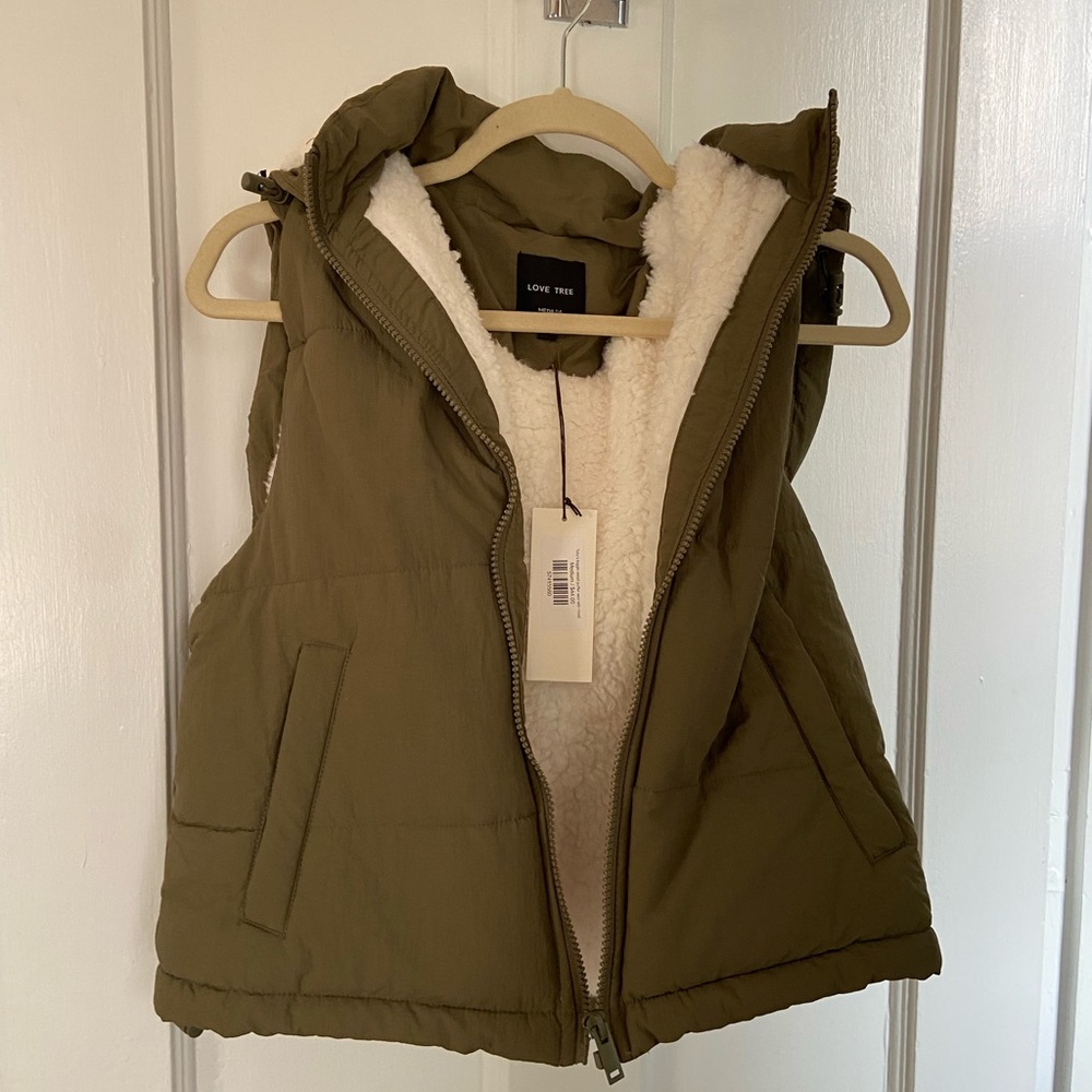 Olive Green Puffer Vest with White Fleece Lining